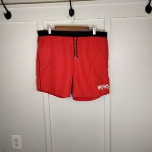Hugo Boss Mens Drawstring Swim Shorts Trunks Red Black Logo Designer Beach Large